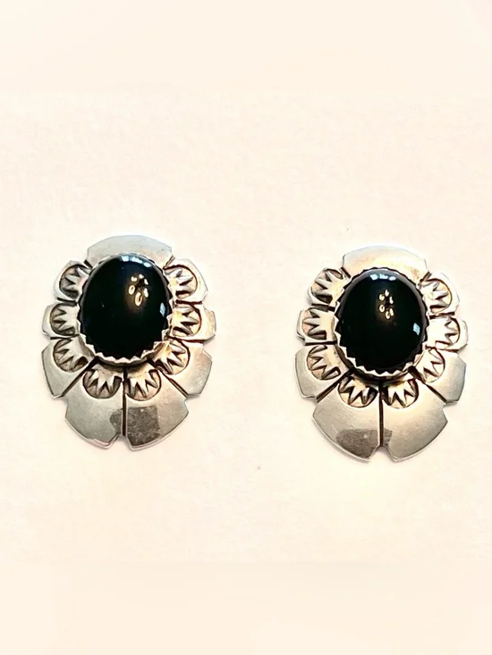 Vtg. Silver Native American Earrings w/ Black Onyx Stones - Posts - Picture 4 of 7